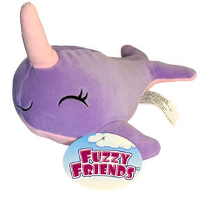 Fuzzy Friends Squeeze & Squish Unicorn Whale NARWHAL Plush Purple and Pink 8"